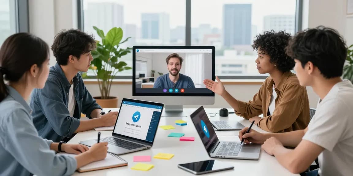 Team collaborating on the Telegram Web Version in a vibrant office.