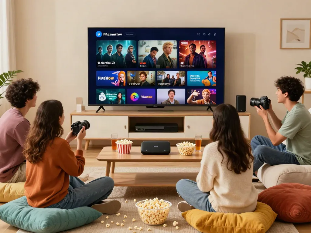 Friends enjoying a movie night with devices, reflecting Pikashow similar app experience.