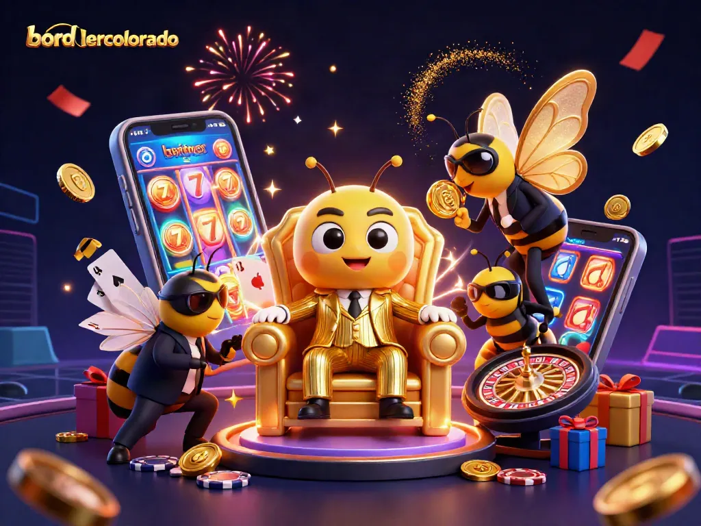 Experience the thrill of bordnercolorado with a stunning 3D illustration depicting a bumblebee mob boss surrounded by gaming elements.