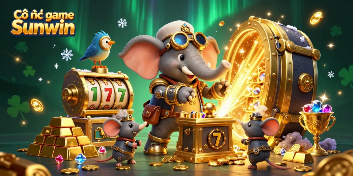 Spin the golden slot machine at Cổng game Sunwin surrounded by treasures and vibrant game elements.