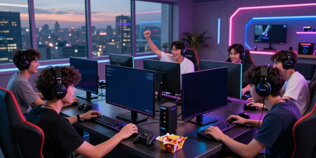 Group of friends enjoying gaming excitement with MANCLUB at dusk