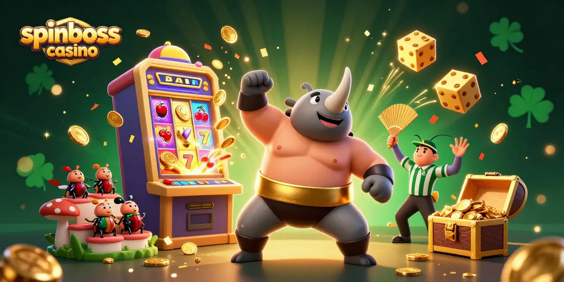 Experience the excitement of spinboss casino with a dynamic illustration of thrilling gaming elements and characters.