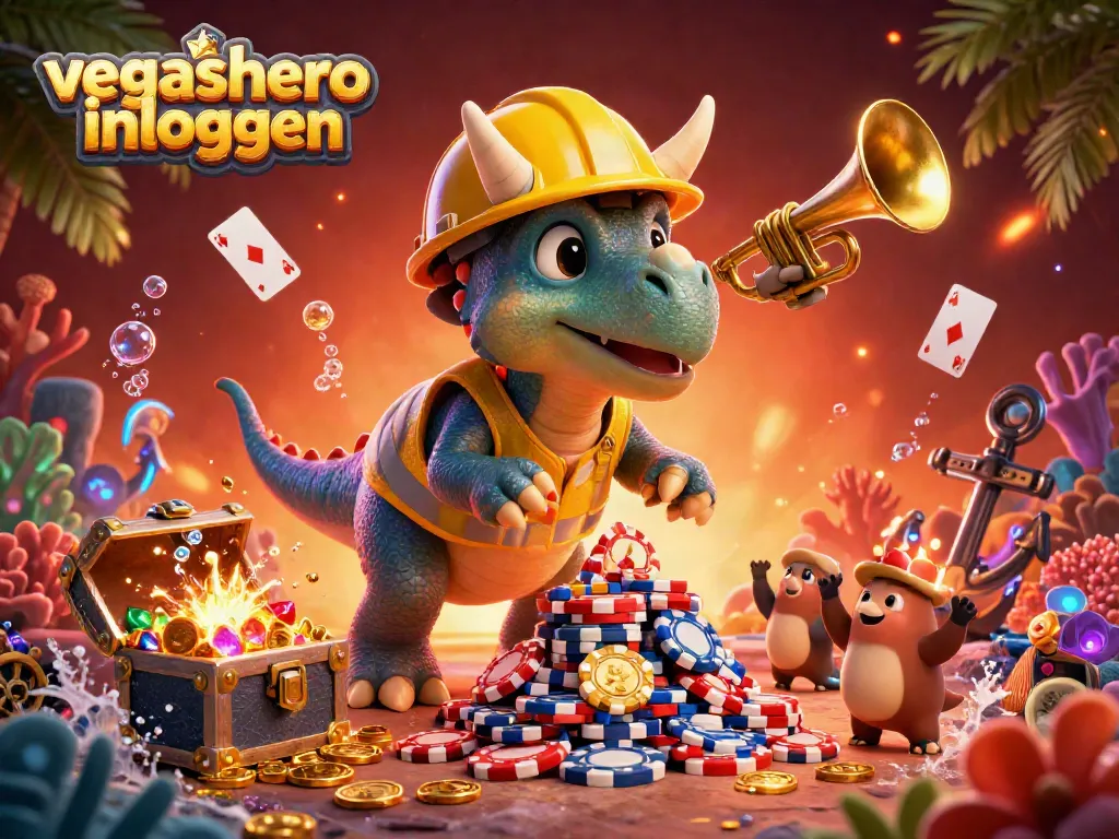 Play slots with vegashero inloggen - a triceratops builds poker chips amidst vibrant gaming elements.
