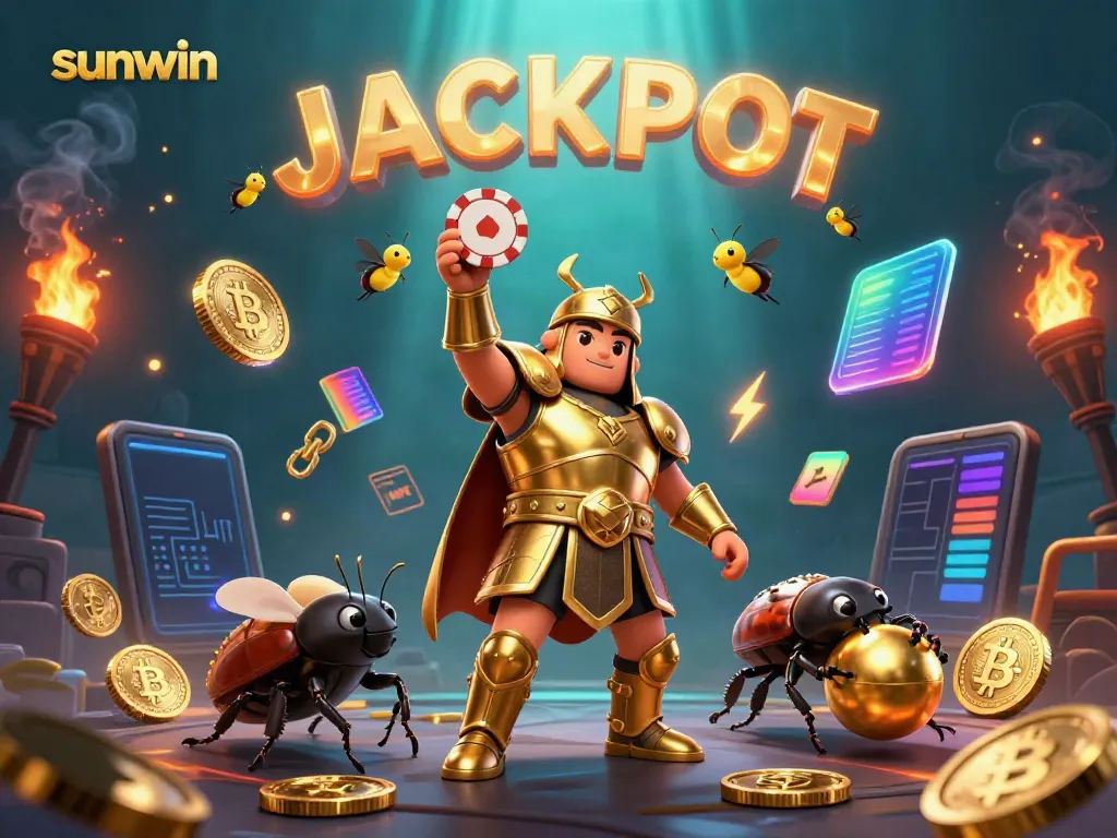 Experience the thrill at Sunwin as a victorious beetle lifts a poker chip amid vibrant casino elements.