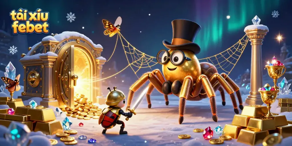 Experience the thrill of tài xỉu febet with a dramatic, ultra-detailed casino scene featuring gold and gems.