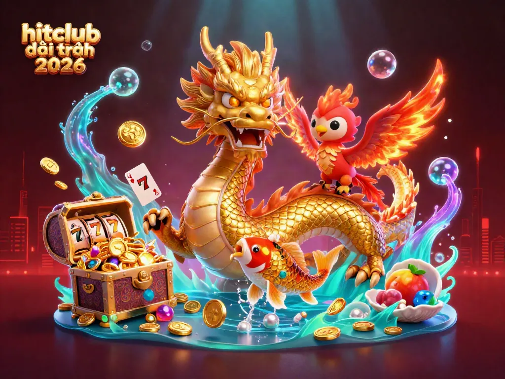 Experience hitclub đổi thưởng 2026 with vibrant illustrations of a golden dragon, phoenix, and koi fish amid slot reels.