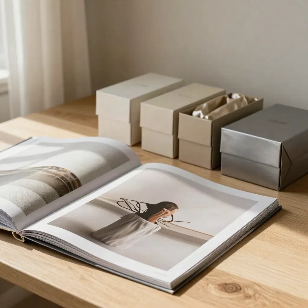 Gepolijste merkfotografieprints naast neutrale verpakkingen en een open portfolio op licht hout.