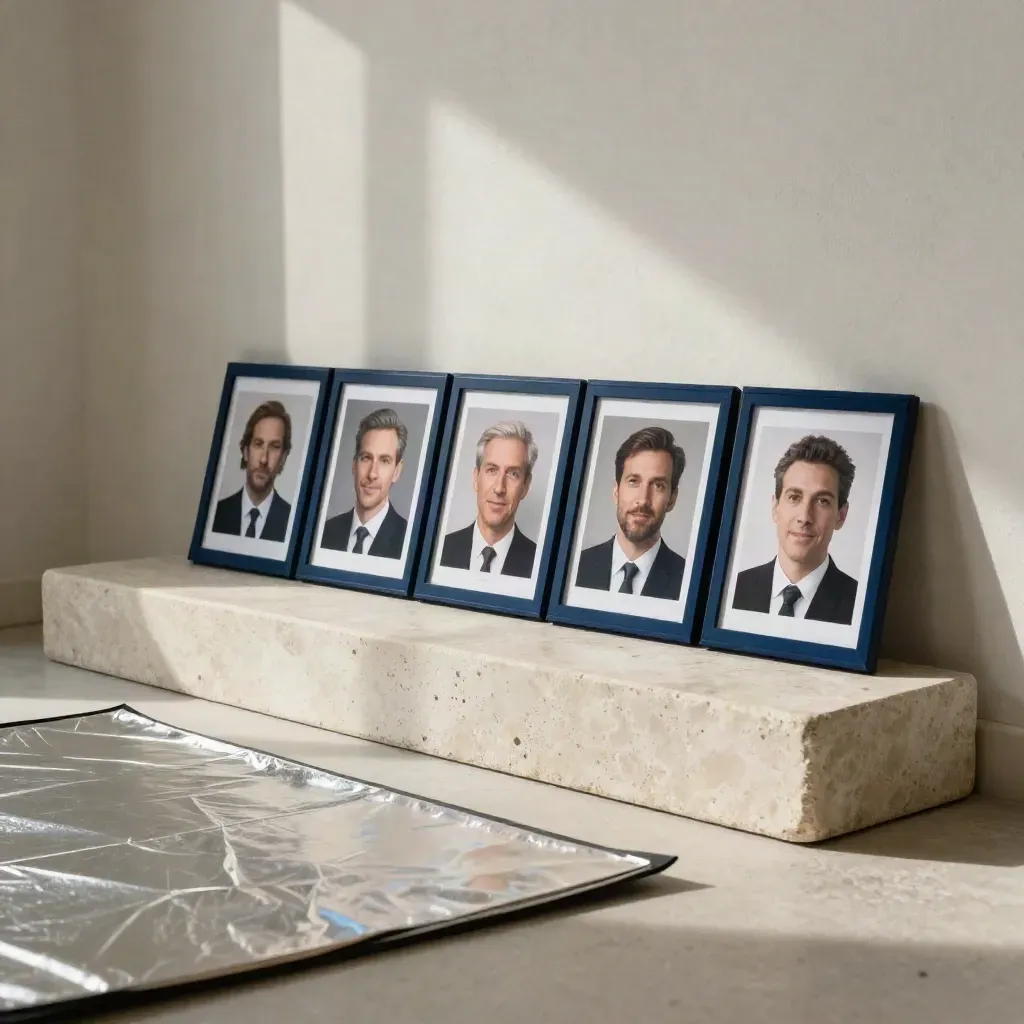 Ingelijste headshotproeven in een stille studio met steen, linnen en diepblauw.