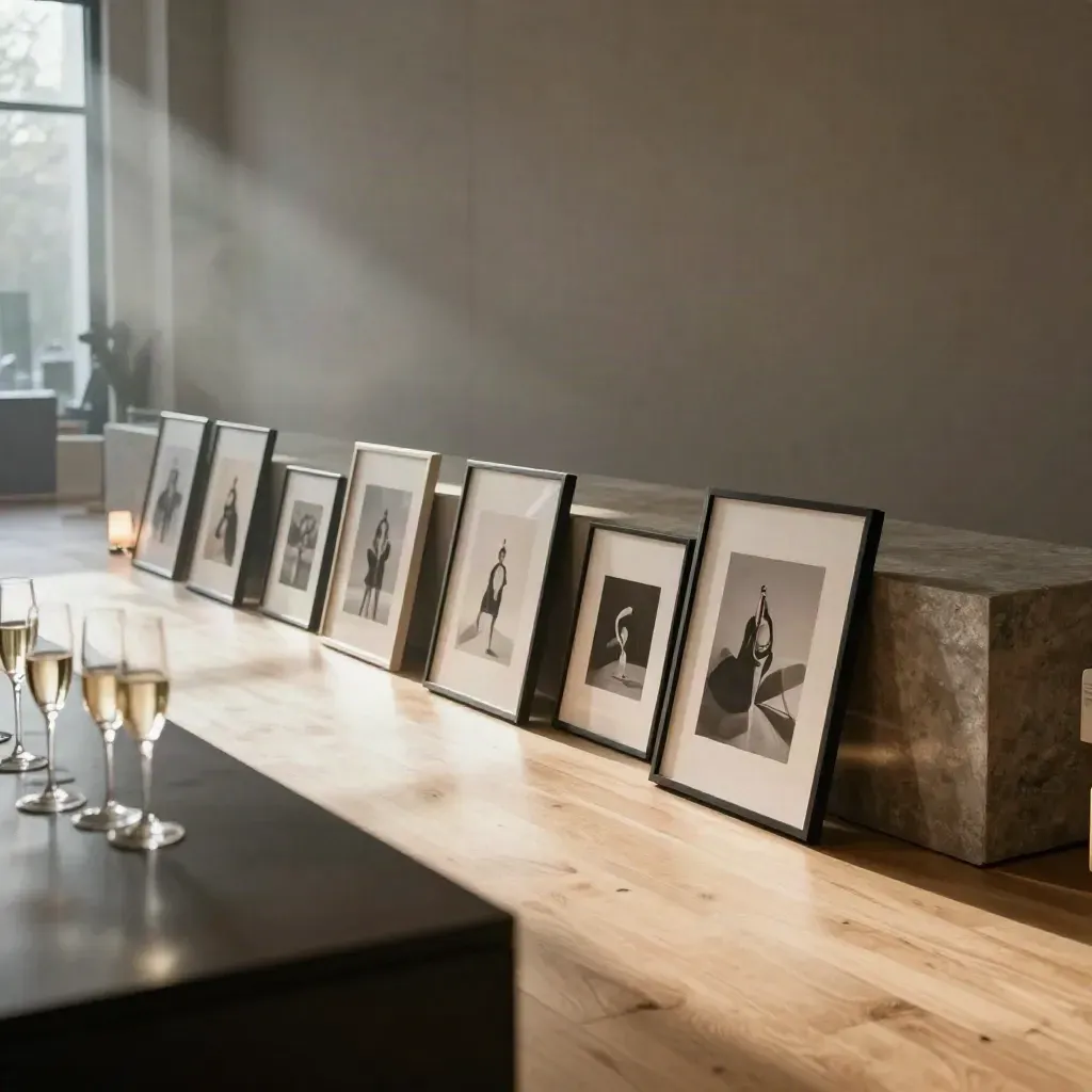 Lege evenementenruimte met lichtgevende fotolijsten, champagneglazen en een podiumrand.