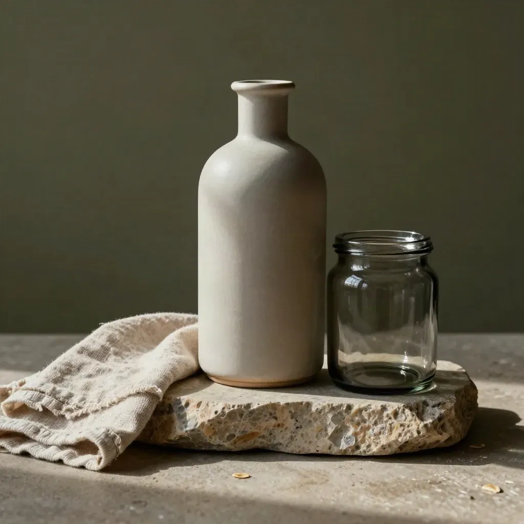 Matte fles en gerookte glazen pot op steen met linnen, dramatisch belicht.