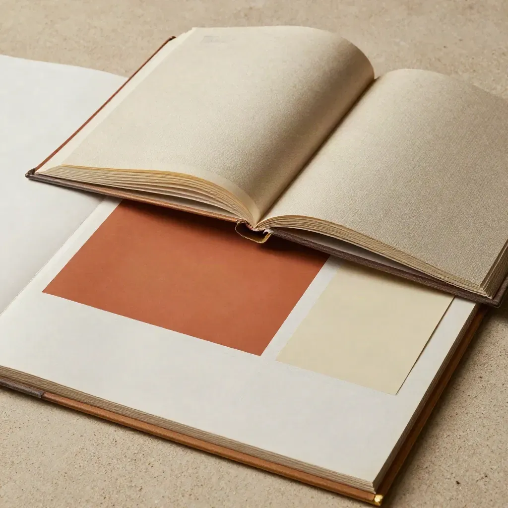 Lay-flat album met gecorrigeerde prints, kleurstalen en een papieren proef op een warme studio-tafel.
