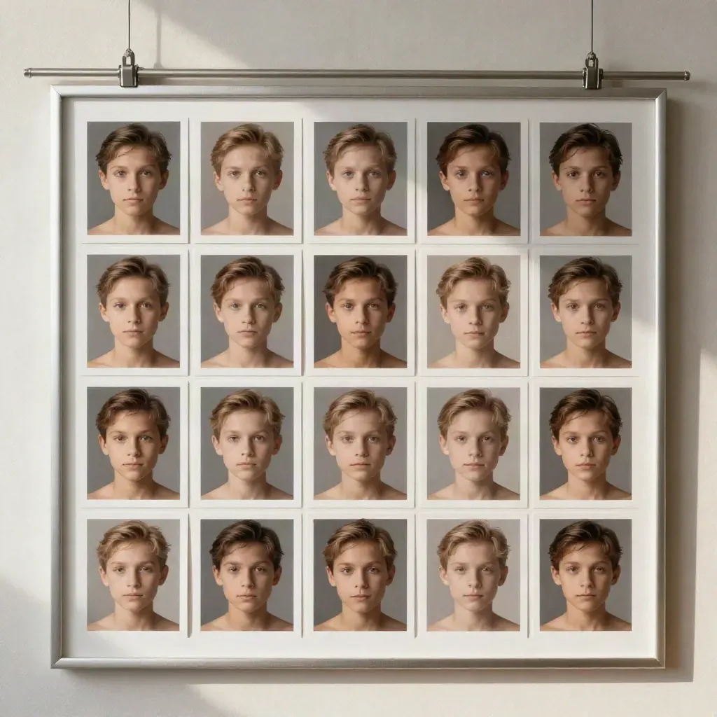 Wand met 38 gelijke headshotprints in witte lijsten, rustig en symmetrisch.