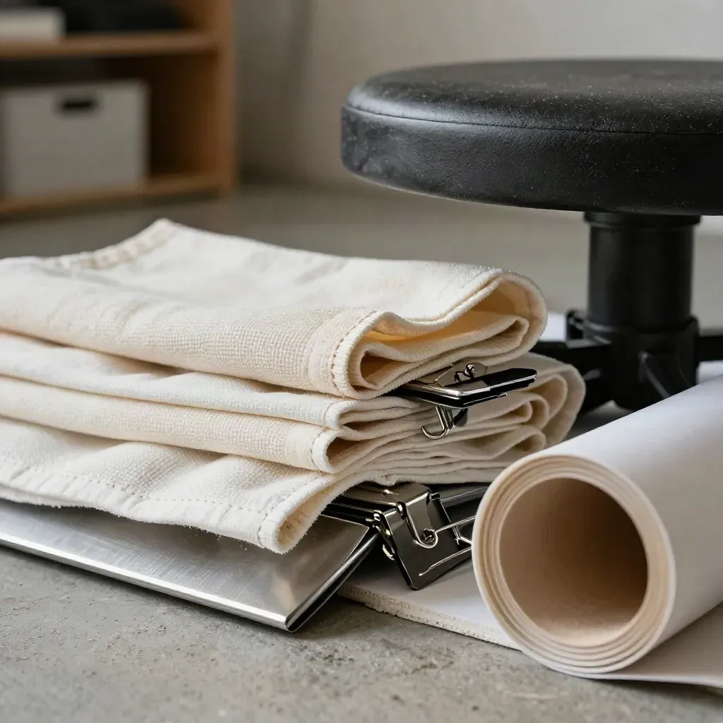 Close-up van diffusion cloth, backdrop clips en papieren rol in een stille studio