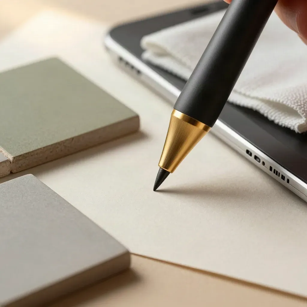 Close-up van retoucheertools: stylus, kleurreferenties, tablet en doekjes op een stenen werkvlak.