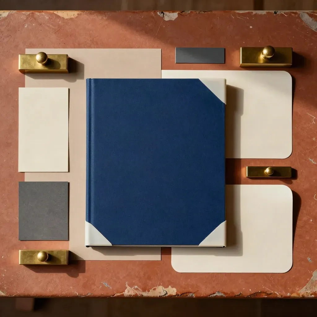 Bovenaanzicht van albumdesignmaterialen met diepblauwe boekstof, brons en mockups op terracottawerkblad.