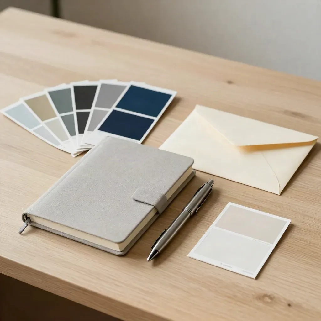 Consultatiedesk met kleurstalen, gesloten notitieboek, pen, envelop en albumsample op licht hout