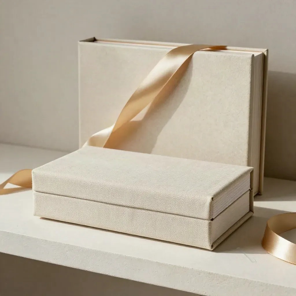 Albumbox, archiefdoos en goud satijnen lint op een lichte pleisterplank.