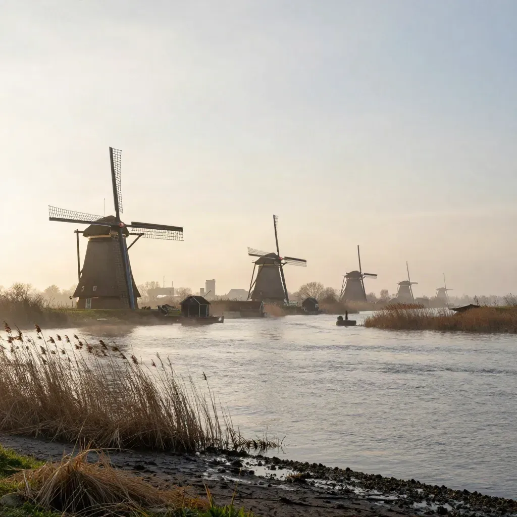 Mistige Zaan bij zonsopkomst met windmolens en stille rivier in Noord-Holland