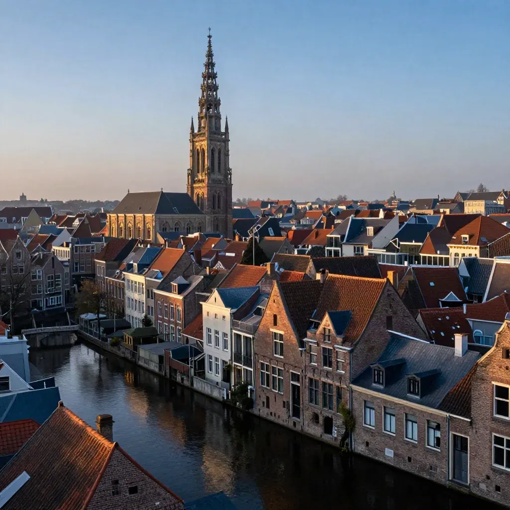 Utrecht bij blauw uur met de Domtoren boven stille gracht en daken.