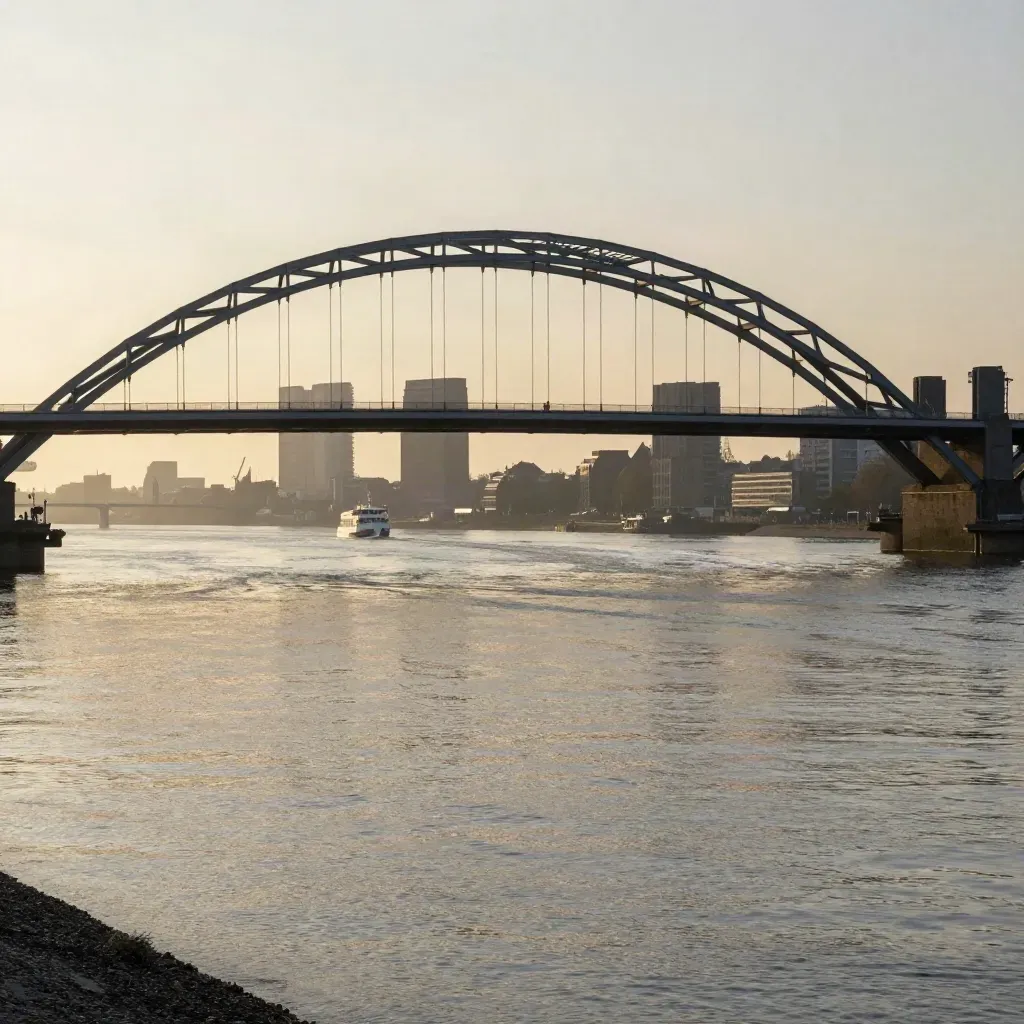 De Erasmusbrug boven rustig rivierwater bij warme avondmist in Zuid-Holland.