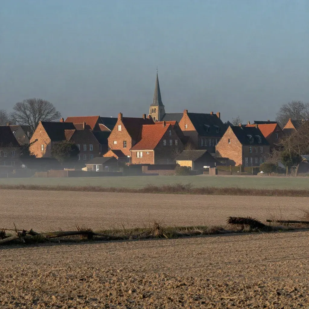 Brabants dorpsgezicht bij zonsopkomst met bakstenen gevels, kerktoren en mistige akkers