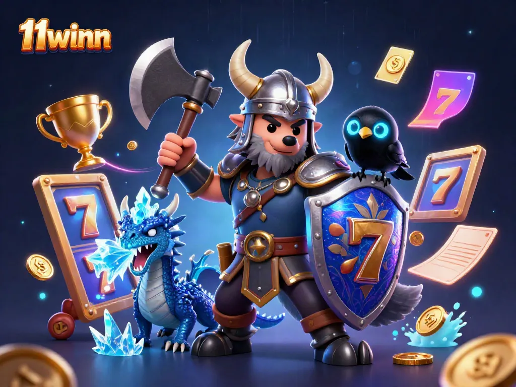 Experience the thrill of gambling with 11winn's dynamic 3D scene featuring a Viking warrior, dragon, and exciting slot elements.