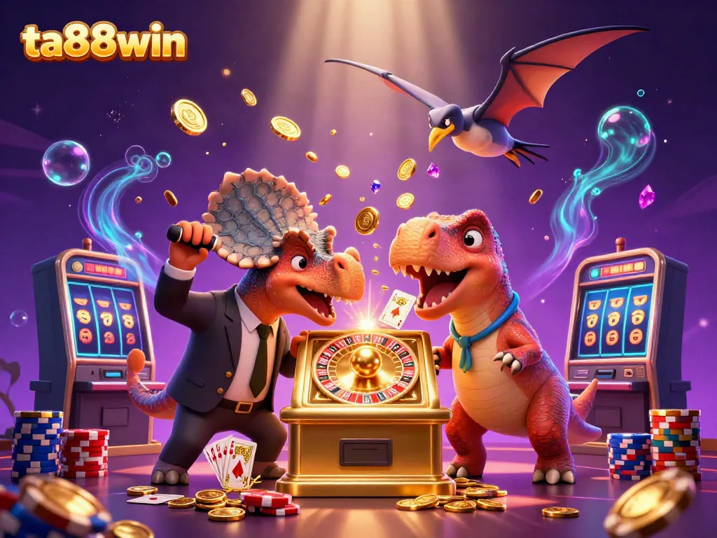 Catch endless rewards at ta88win with a dinosaur-themed jackpot scene filled with coins and casino games!