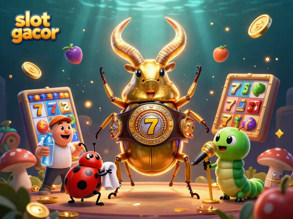 Experience the excitement of slot gacor with a golden stag beetle champion illustration, surrounded by jackpot symbols.