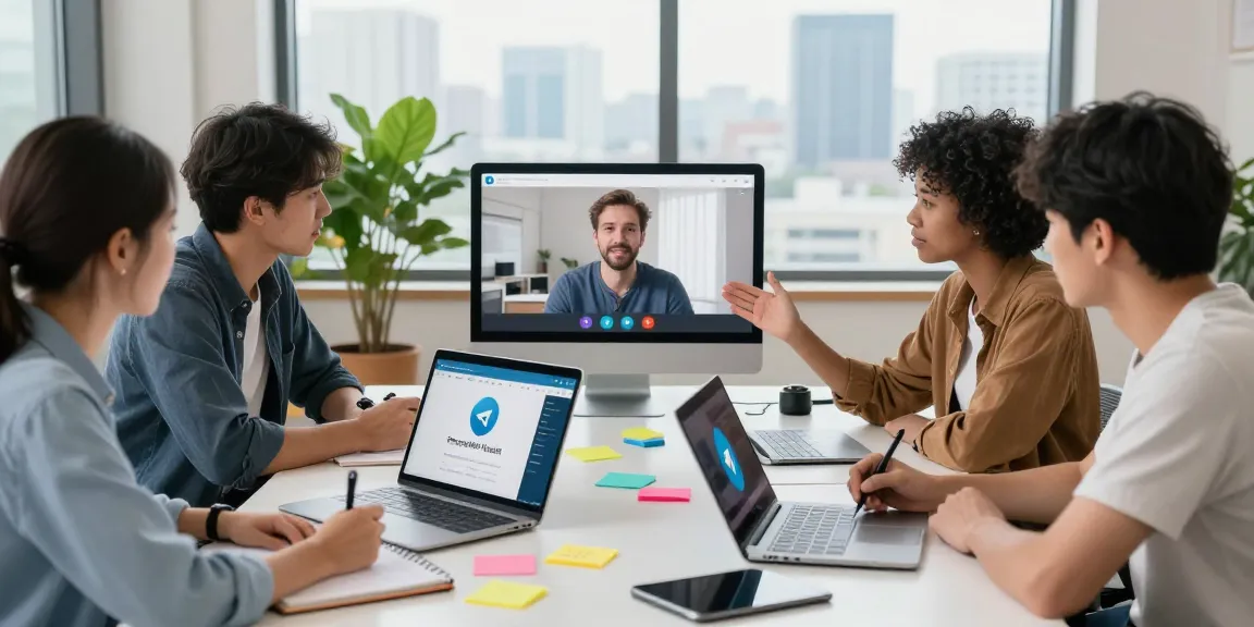Team collaborating on the Telegram Web Version in a vibrant office.