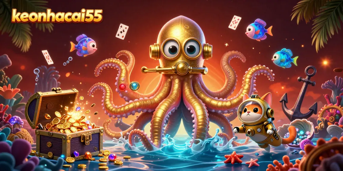 Engaging scene of keonhacai55 showcasing a kraken and diving cat amidst vibrant casino elements.