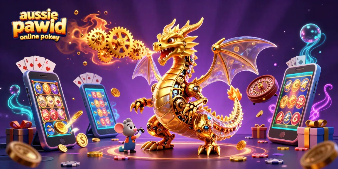 Experience exciting aussie payid online pokies as a golden dragon and mouse engineer play amidst dazzling casino elements.