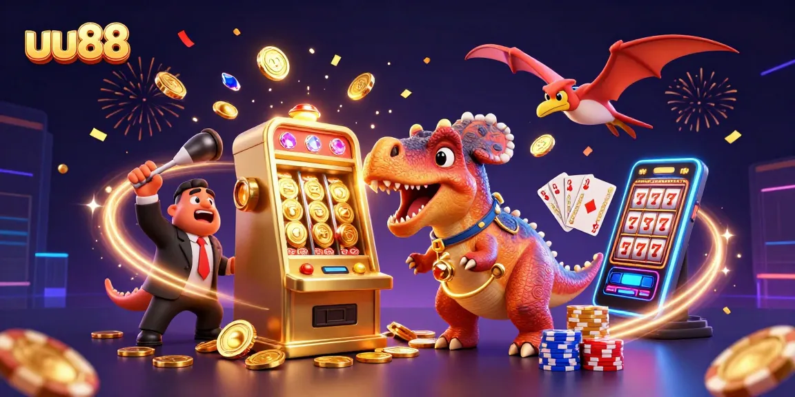 uu88 casino scene featuring a dinosaur winning jackpot, surrounded by flying coins and vibrant elements.