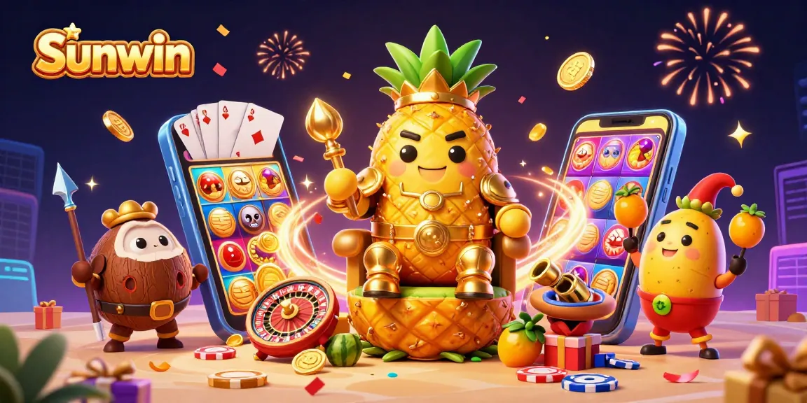 Engage with Sunwin through an exciting 3D scene of a casino adventure with animated characters and vibrant gaming elements.