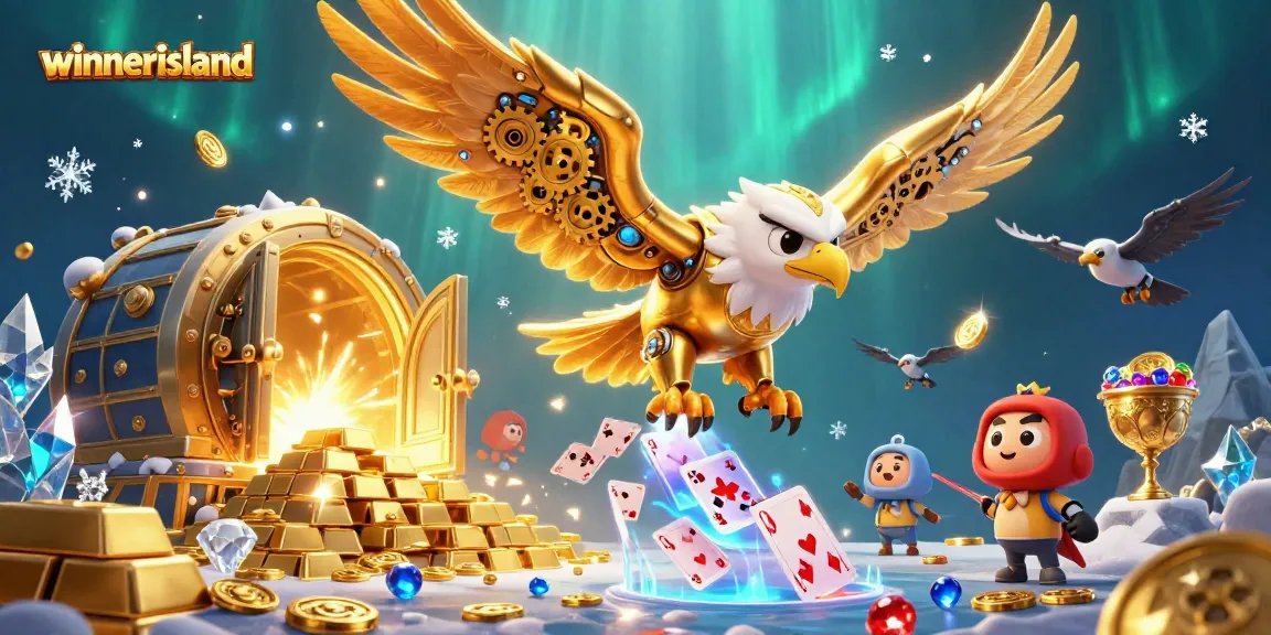 winnerisland showcases an energetic golden eagle diving amidst holographic playing cards, symbolizing casino excitement.