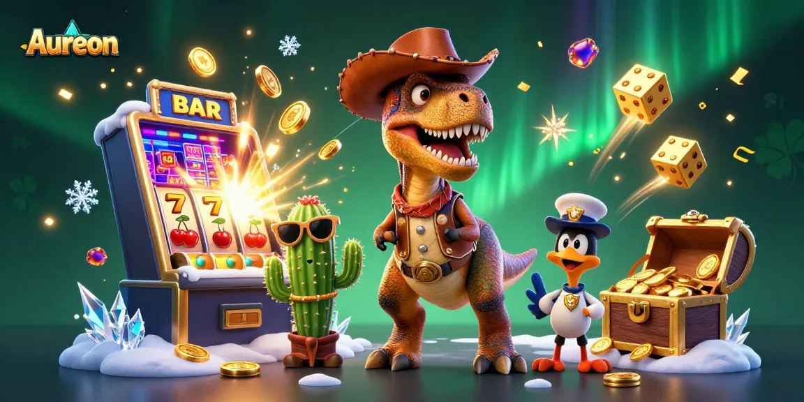 Aureon casino experience with cartoon dinosaur, cactus, and roadrunner amid vibrant slot game elements.